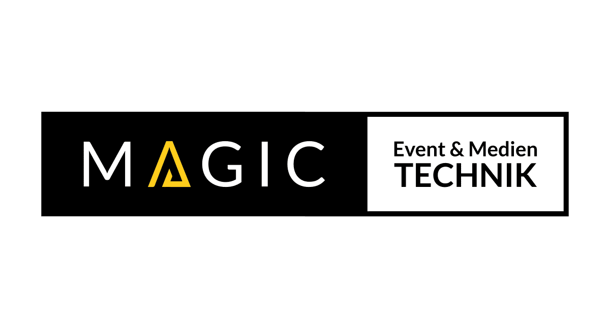 Logo mit dem Wort MAGIC, wobei das A ein gelbes Dreieck ist, neben einem Kasten mit der Aufschrift Event & Medien TECHNIK in Schwarz und Weiß.