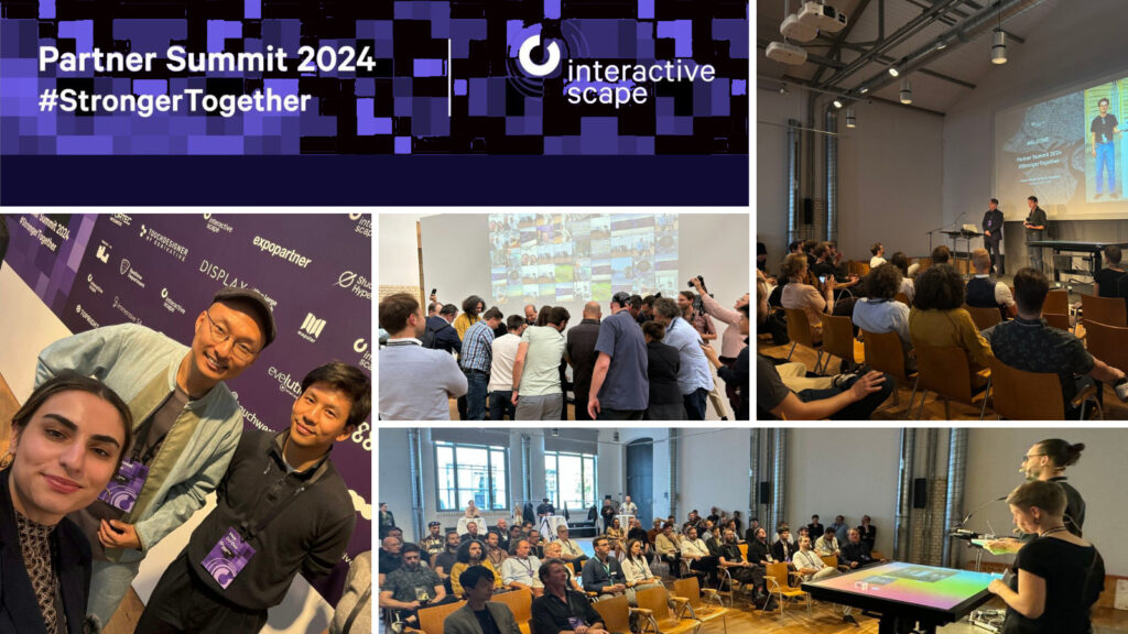 Interactive-Scape-Partner-Summit Eine Collage, die die Teilnehmer des Partner Summit 2024 von Interactive Scape zeigt, einschließlich Gruppen-Selfies, Präsentationen und Zuhörer in einer Konferenzumgebung.