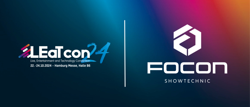 Grafik mit LEaT con 24-Veranstaltungsdetails auf der linken Seite und dem Focon Showtechnic-Logo auf der rechten Seite, auf einem farbigen Hintergrund mit Farbverlauf.