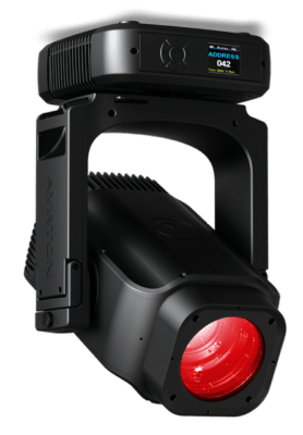 Ein schwarzer professioneller Bühnenscheinwerfer für Veranstaltungstechnik, mit einer rot beleuchteten Linse und einem digitalen Display mit der Anzeige ADDRESS 042 auf der Oberseite.