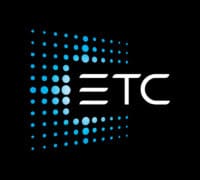 Das Bild zeigt die Buchstaben ETC in Weiß mit einem Raster aus blauen Punkten, die einen Farbverlauf bilden - ideal für Veranstaltungstechnik - auf schwarzem Hintergrund.