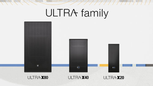 Drei schwarze Lautsprecher unterschiedlicher Größe sind unter der Überschrift ULTRA-Familie auf weißem Hintergrund mit ULTRA X80, ULTRA X40 und ULTRA X20 beschriftet.