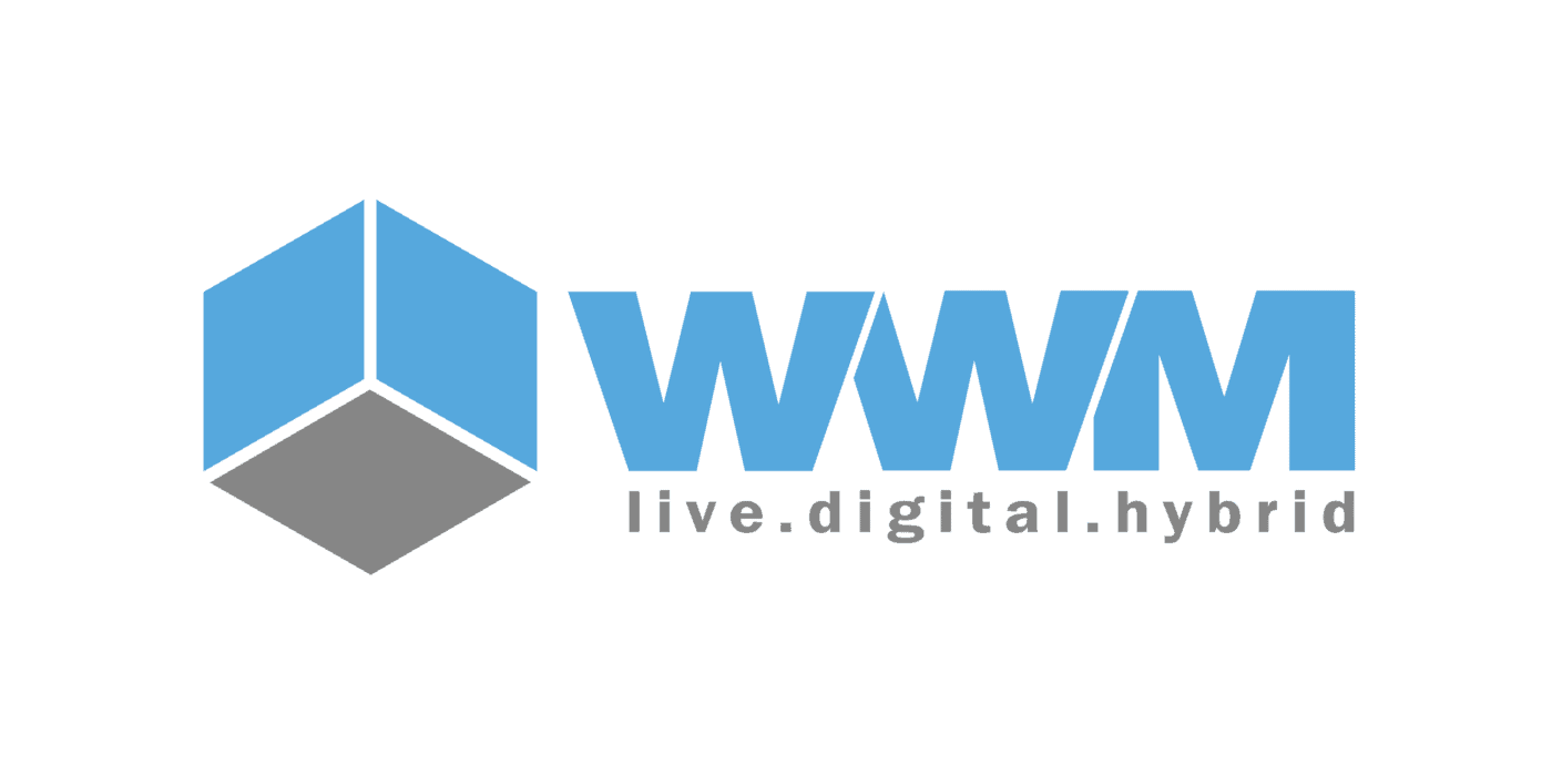 Logo mit einem blauen und grauen geometrischen Würfel auf der linken Seite und dem Text WWM live.digital.hybrid in Blau und Grau auf weißem Hintergrund.