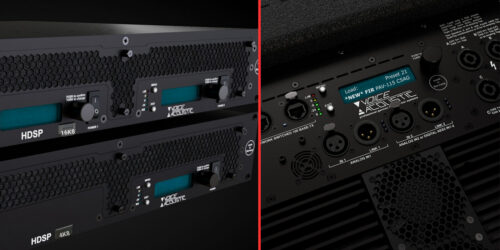 Nahaufnahme eines professionellen Audiogeräts mit LCD-Displays und Reglern auf der Vorderseite (links) und verschiedenen Eingangs-/Ausgangsanschlüssen (rechts).