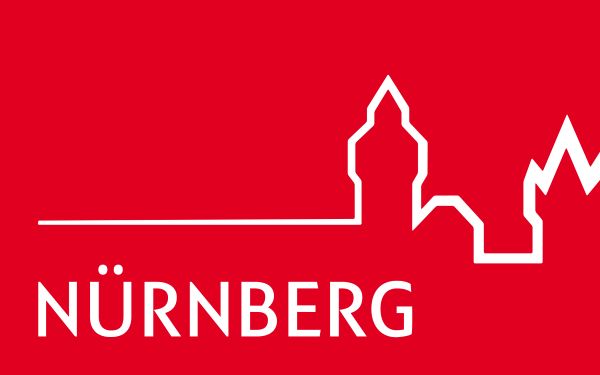 Roter Hintergrund mit weißem Umriss einer Gebäudesilhouette und dem Schriftzug Meister für Veranstaltungstechnik NÜRNBERG in fetten, weißen Großbuchstaben unterhalb des Umrisses.