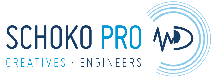 Logo für Schoko Pro mit den Worten Creatives - Engineers, einer stilisierten Audiowelle und konzentrischen geschwungenen Linien auf hellem Hintergrund.