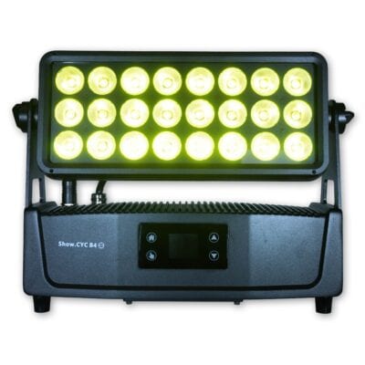 Eine rechteckige LED-Bühnenleuchte mit 24 gelb leuchtenden Glühbirnen, einer Digitalanzeige und Bedientasten auf der Vorderseite, beschriftet mit Show.CYC B4.