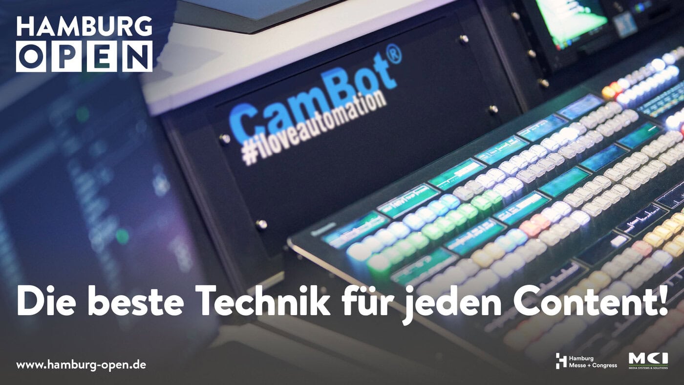 Nahaufnahme einer professionellen Videokonsole mit beleuchteten Tasten, auf denen Die beste Technik für jeden Content! steht und unten vt-stage Partner hervorgehoben wird.