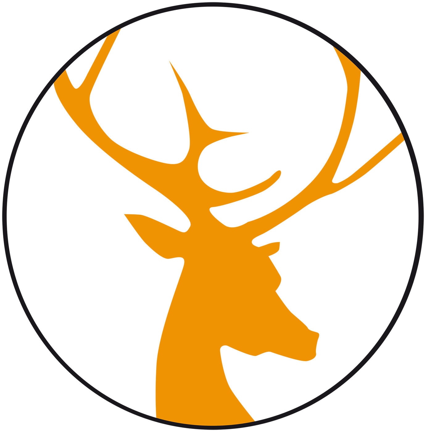 Eine stilisierte orangefarbene Silhouette eines Hirschkopfes mit Geweih ist in einem dünnen schwarzen Kreis auf weißem Hintergrund zentriert.