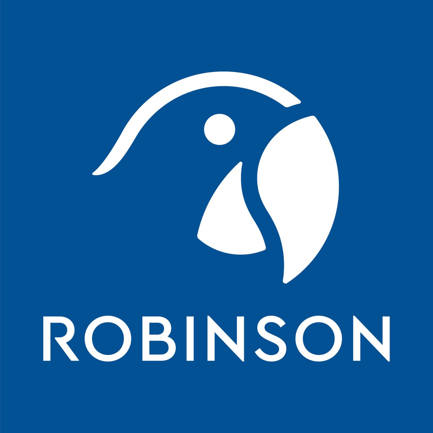 Weißes, stilisiertes Vogellogo über dem Wort ROBINSON in Großbuchstaben auf einem einfarbig blauen Hintergrund.