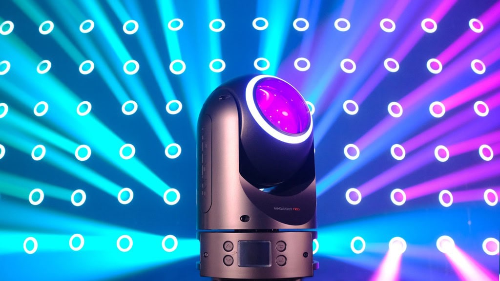 Ein Bühnenscheinwerfer wirft farbige Strahlen und kreisförmige Lichter auf eine Wand in blauen, rosa und violetten Farbtönen und schafft so einen lebendigen, beleuchteten Hintergrund.