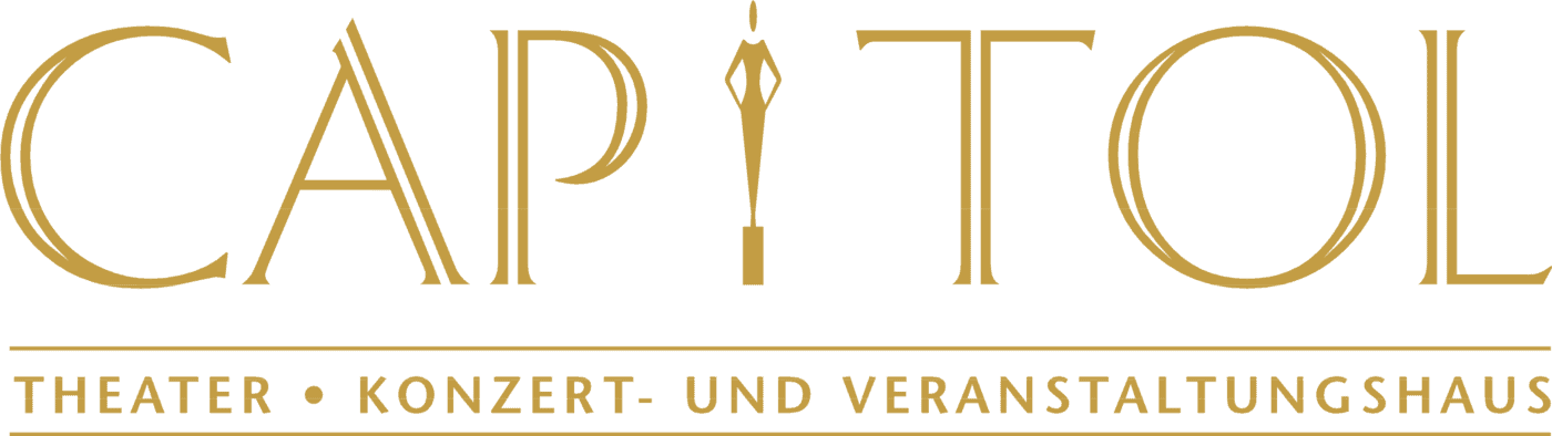 Bild-1-2 Das Wort CAPITOL in goldener Art-Deco-Schrift mit einem Füllfederhalter als Buchstabe I, darüber der Text Theater - Konzert- und Veranstaltungshaus in Gold.