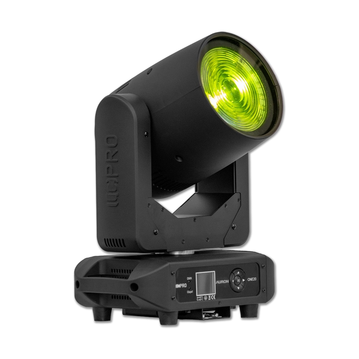 Ein schwarzer beweglicher Bühnenscheinwerfer mit einer grün leuchtenden Linse und der Aufschrift "IMPRO" steht auf weißem Hintergrund. Das Bedienfeld ist an der Basis sichtbar.