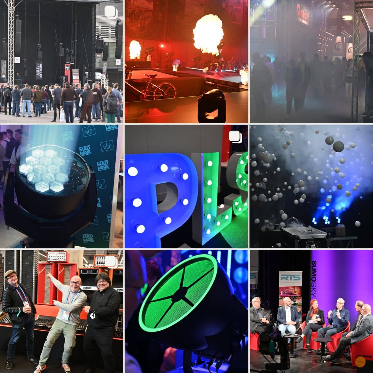 Aesthetic Inspirational Grid Moodboard Instagram Post Eine Collage aus neun Bildern zeigt Veranstaltungsaufbauten, Beleuchtungsanlagen, Bühneneffekte, Menschen auf einer Messe und Podiumsdiskussionen im Zusammenhang mit der Veranstaltungsproduktion.