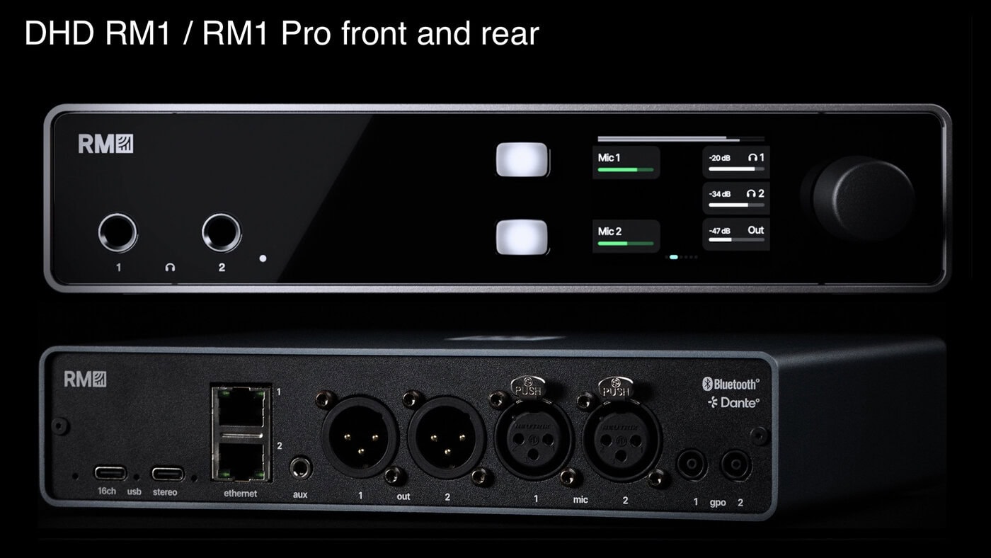 Ein professionelles Audio-Interface mit beschrifteten Front- und Rückseiten, einschließlich Bildschirmen, Tasten, Reglern, XLR-Eingängen, Netzwerkanschlüssen und Audioeingängen/-ausgängen.