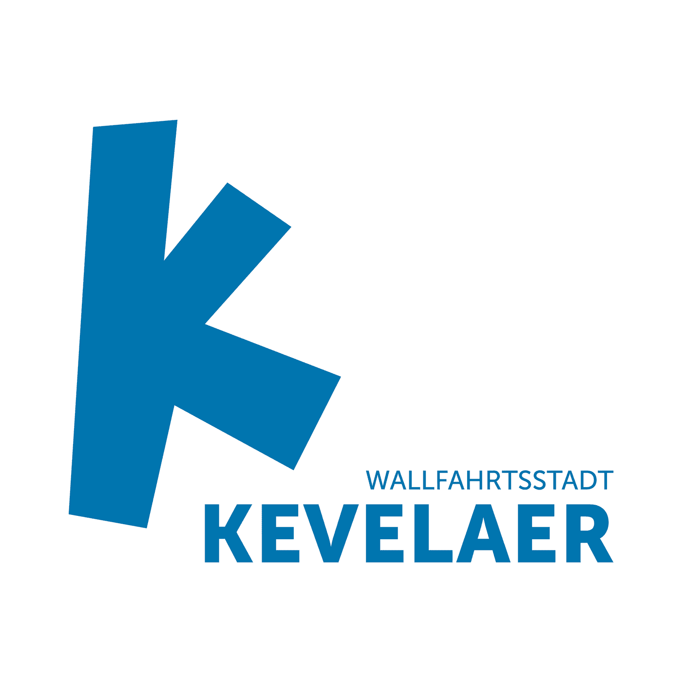 Logo_Wallfahrsstadt-Kevelaer Ein großer blauer Buchstabe K steht über der Aufschrift WALLFAHRTSSTADT KEVELAER in blauer Schrift auf weißem Hintergrund.