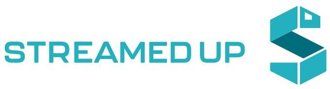 Logo_streamedup Das Wort STREAMEDUP in blaugrünen Großbuchstaben neben einem geometrischen, blaugrünen S-Logo.