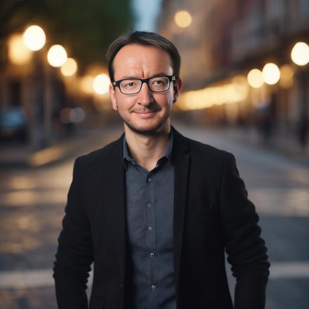 Ein Mann mit Brille steht abends auf einer Straße in der Stadt, er trägt einen dunklen Blazer und ein dunkles Hemd, im Hintergrund sind Straßenlaternen und verschwommene Gebäude zu sehen.