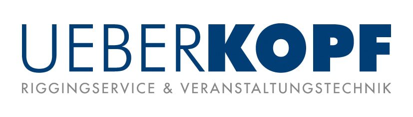 Logo mit dem Wort "UEBERKOPF" in großen blauen Buchstaben und "RIGGINGSERVICE & VERANSTALTUNGSTECHNIK" in kleineren grauen Buchstaben darunter.