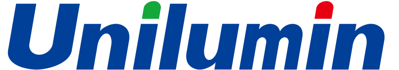 Das Wort Unilumin in blauen Buchstaben; der Punkt auf dem ersten i ist grün, der Punkt auf dem zweiten i ist rot.