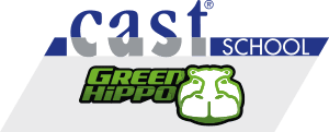 castSCHOOL_GreenHippo_300 CAST-Schullogo über dem Green Hippo-Logo, das einen stilisierten grünen Text und ein Cartoon-Bild eines grün-weißen Nilpferdgesichts enthält.