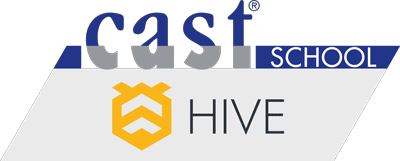 castSCHOOL_Hive_400 Logo mit dem Text cast SCHOOL oben und HIVE neben einem gelben sechseckigen Bienenstocksymbol auf weißem Hintergrund.
