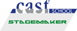 castSCHOOL_Stagemaker_300 Logo mit dem Text "cast SCHOOL" in Blau und Grau über dem Wort "STAGEMAKER" in Grün, alles auf hellem Hintergrund.
