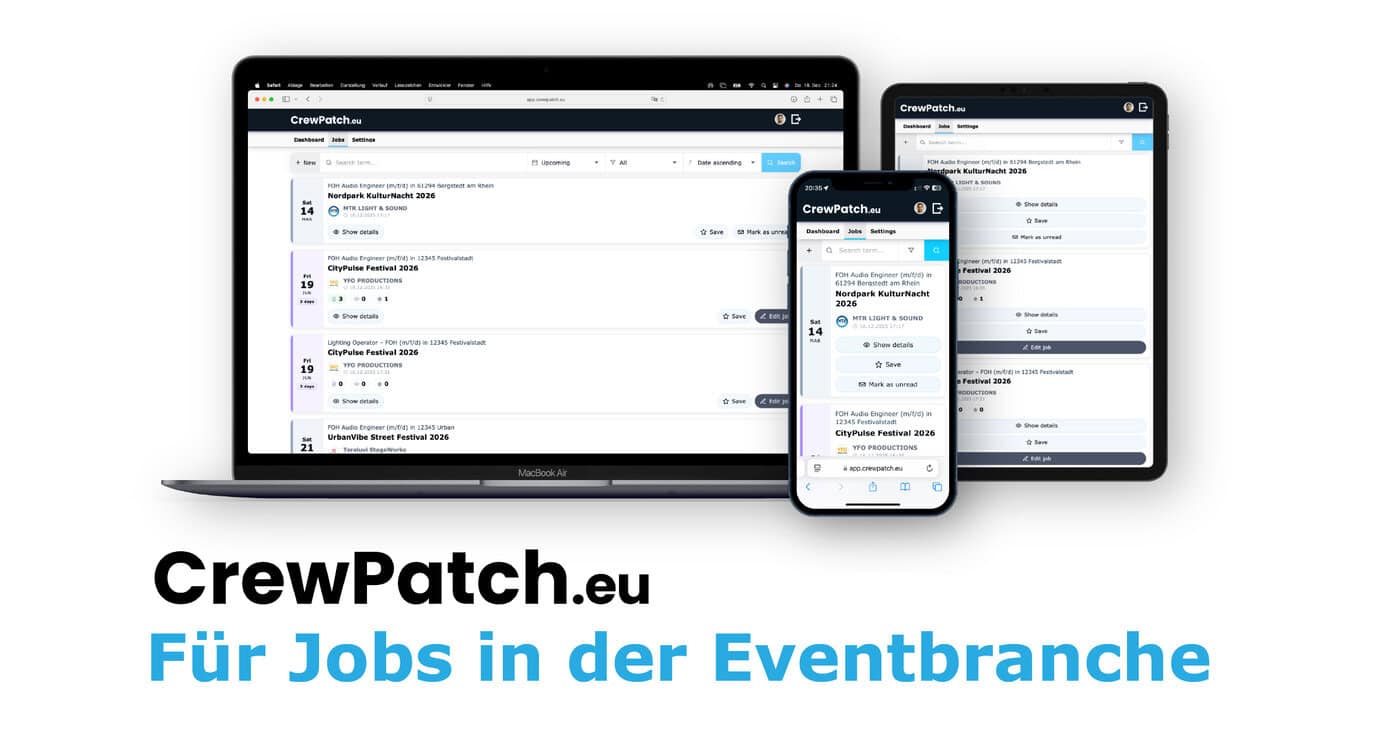 Ein Laptop, ein Smartphone und ein Tablet zeigen die CrewPatch-Website an. Darunter steht der Text: CrewPatch.eu Für Jobs in der Eventbranche.