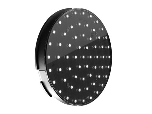 Rundes schwarzes Gerät mit mehreren kleinen LED-Leuchten, die in konzentrischen Kreisen auf seiner Oberfläche angeordnet sind, dargestellt vor einem weißen Hintergrund.