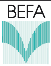 Screenshot-2025-09-23-144129-1 Das Bild zeigt das Wort BEFA über blaugrünen und weißen vertikalen Linien, die ein nach unten zeigendes Chevron bilden.