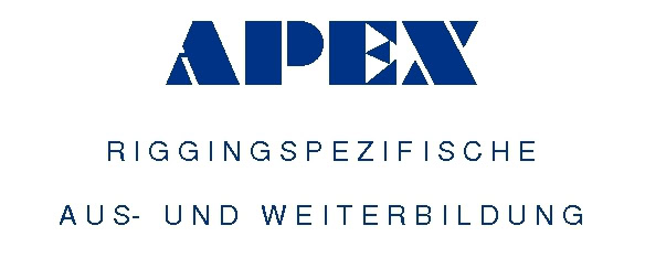 apexlogo-kurz-8 Das Bild zeigt das blaue Logo APEX über der Aufschrift RIGGINGSPEZIFISCHE AUS- UND WEITERBILDUNG auf weißem Hintergrund.