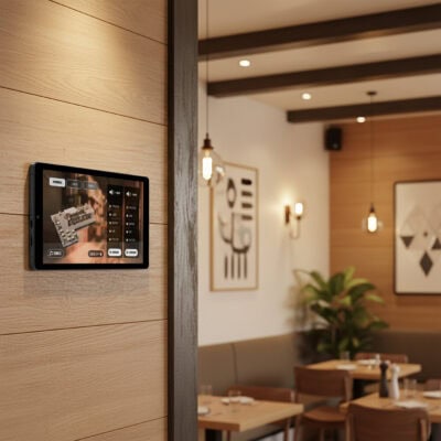 Ein Touchscreen-Bedienfeld ist an einer Holzwand in einem modernen Restaurant mit Tischen, Stühlen, Wandkunst und Hängelampen im Hintergrund angebracht.