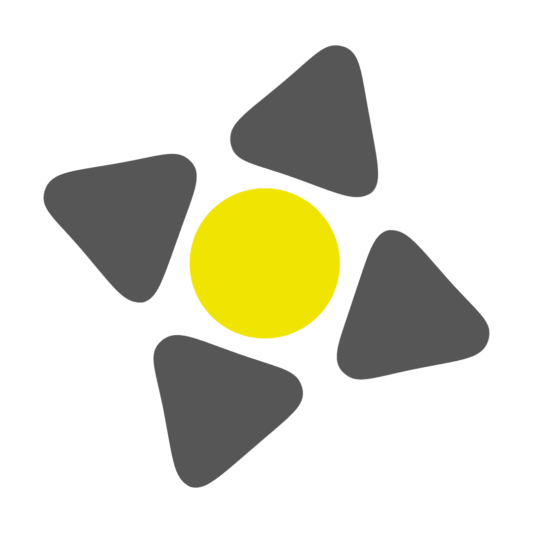 Soundlight_Symbol_Logo Ein gelber Kreis ist von vier dunkelgrauen, abgerundeten Dreiecken umgeben und bildet ein einfaches, abstraktes geometrisches Muster auf hellgrauem Hintergrund.