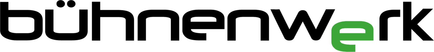 Das Wort bühnenwerk in moderner, fetter schwarzer Schrift, mit den Buchstaben e, r und k in grün. Der Umlaut über dem u ist ebenfalls vorhanden.