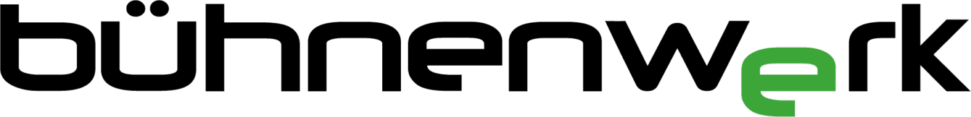 Das Wort bühnenwerk in moderner schwarzer Schrift, mit den Buchstaben e, r und k in grün und den restlichen Buchstaben in schwarz.