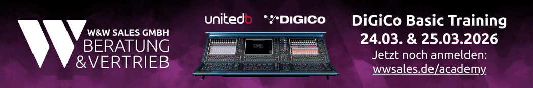 Banner für die W&W Sales GmbH zur Bewerbung des DiGiCo Basic Trainings am 24. und 25. März 2026, mit Abbildung eines Mischpults und Anmeldelink.