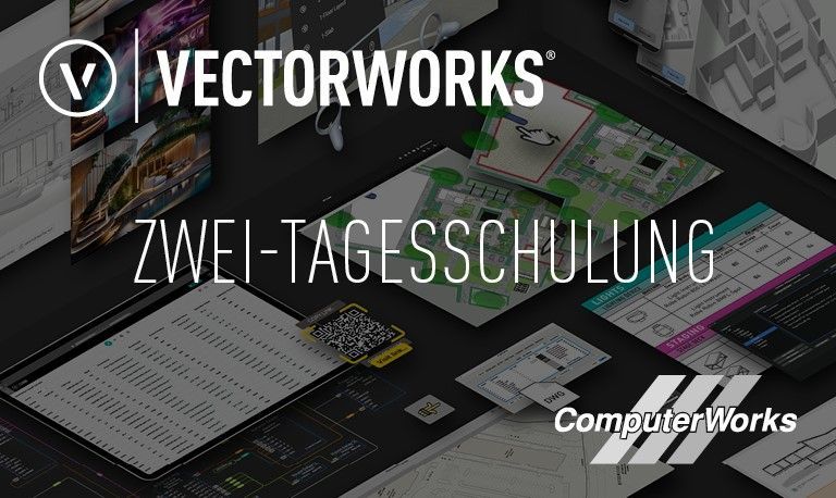 Logos von Vectorworks und ComputerWorks mit Screenshots von Architektur- und Designsoftware im Hintergrund; der Text lautet Zwei-Tagesschulung.
