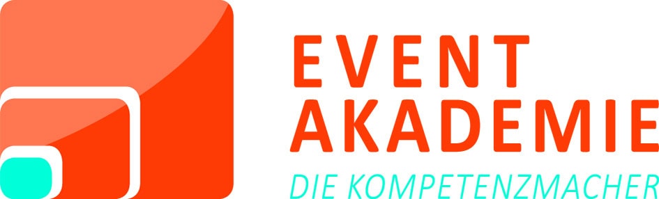 Event Akademie Logo mit einem großen orangefarbenen Quadrat, das ein kleineres weiß umrandetes Quadrat und Text enthält: EVENT AKADEMIE DIE KOMPETENZMACHER in orange und türkis.