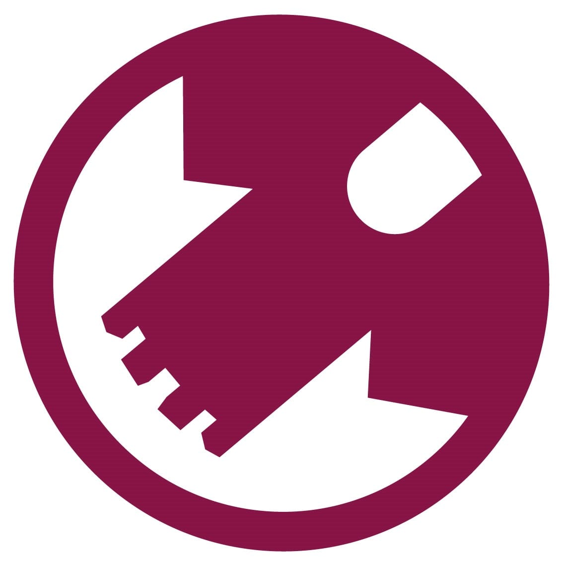 Ein kastanienbraunes, rundes Symbol mit einer vereinfachten Darstellung eines kurzärmeligen T-Shirts in der Mitte, wobei der untere Rand des Shirts einem Schlüssel ähnelt.
