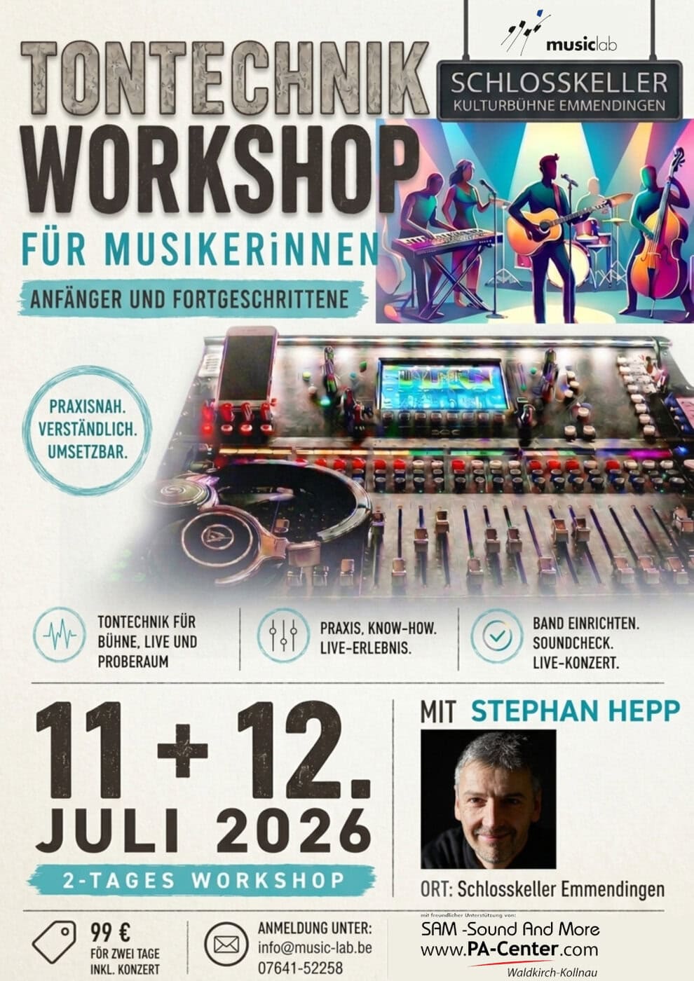 Plakat für einen Tontechnik-Workshop für Musiker, auf dem die Geräte an einem Mischpult abgebildet sind. Der Workshop findet am 11. und 12. Juli 2026 unter der Leitung von Stephan Hepp statt.