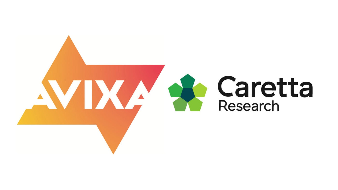 Das AVIXA-Logo in einem orangefarbenen Farbverlauf neben dem Caretta Research-Logo mit grünen Sechsecken und schwarzem Text auf weißem Hintergrund.
