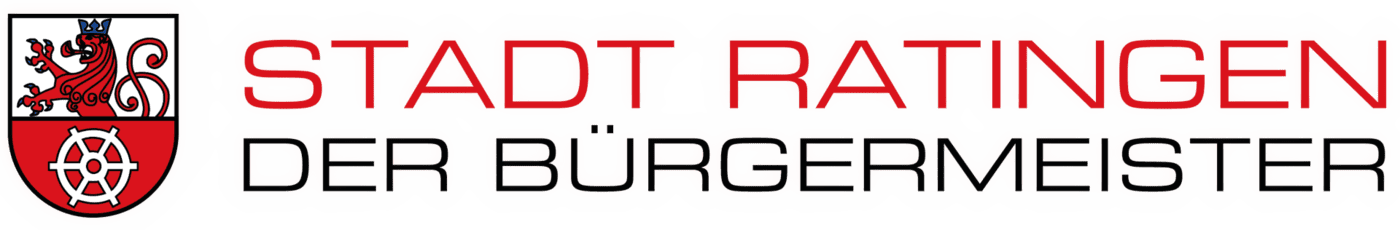 Logo der Stadt Ratingen mit einem roten Löwen und einem Rad in einem Wappen, daneben der Text STADT RATINGEN DER BÜRGERMEISTER in roten und schwarzen Großbuchstaben.