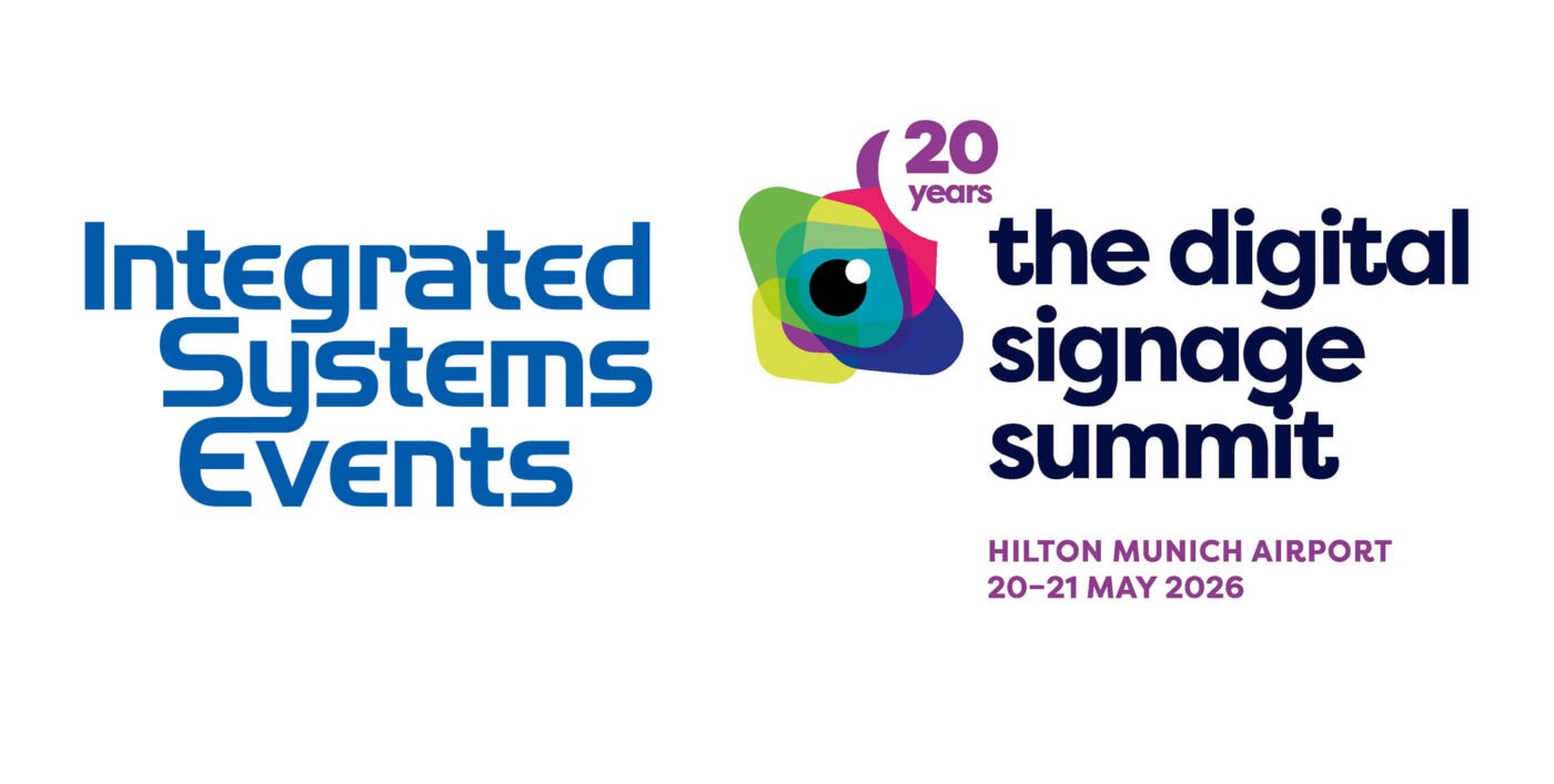 Logos für Integrated Systems Events und den Digital Signage Summit 2026, mit Veranstaltungsdetails: Hilton Munich Airport, 20-21 Mai 2026, und "20 Jahre" Text.