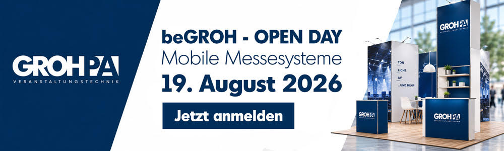 Banner für den beGROH-Tag der offenen Tür am 19. August 2026 zur Bewerbung der mobilen Ausstellungssysteme von GROH PA. Enthält die Schaltfläche „Jetzt anmelden“ und eine Grafik des Messestands.