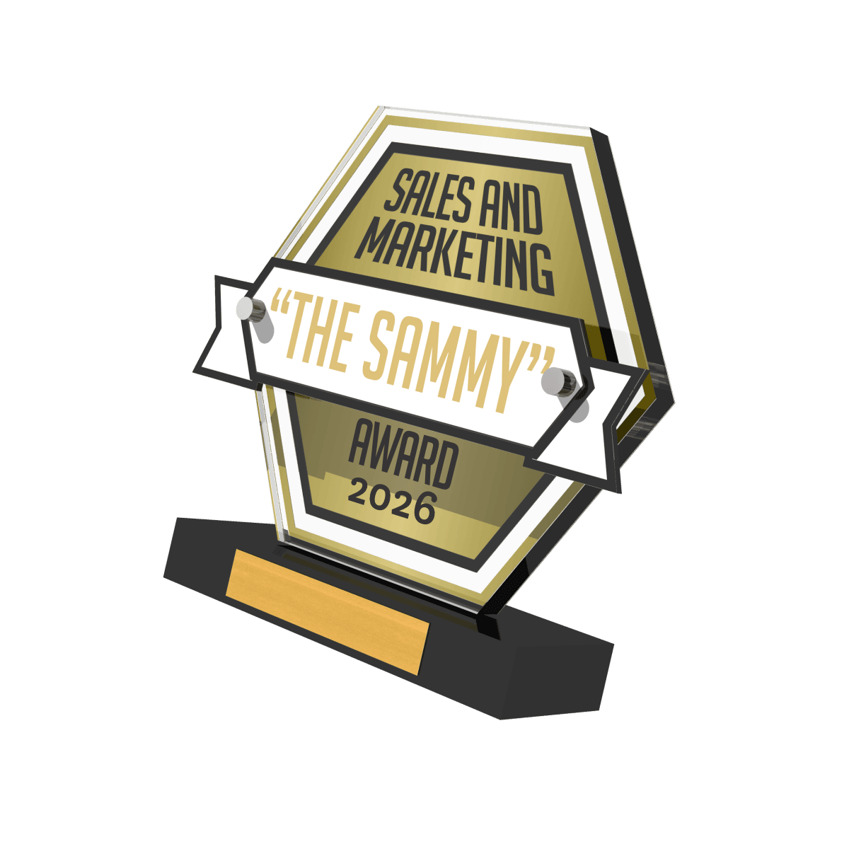 The Sammy Award Eine gold-schwarze Trophäe mit der Aufschrift „Sales and Marketing – The Sammy Award 2026“ und einem leeren goldenen Namensschild auf einem schwarzen Sockel.