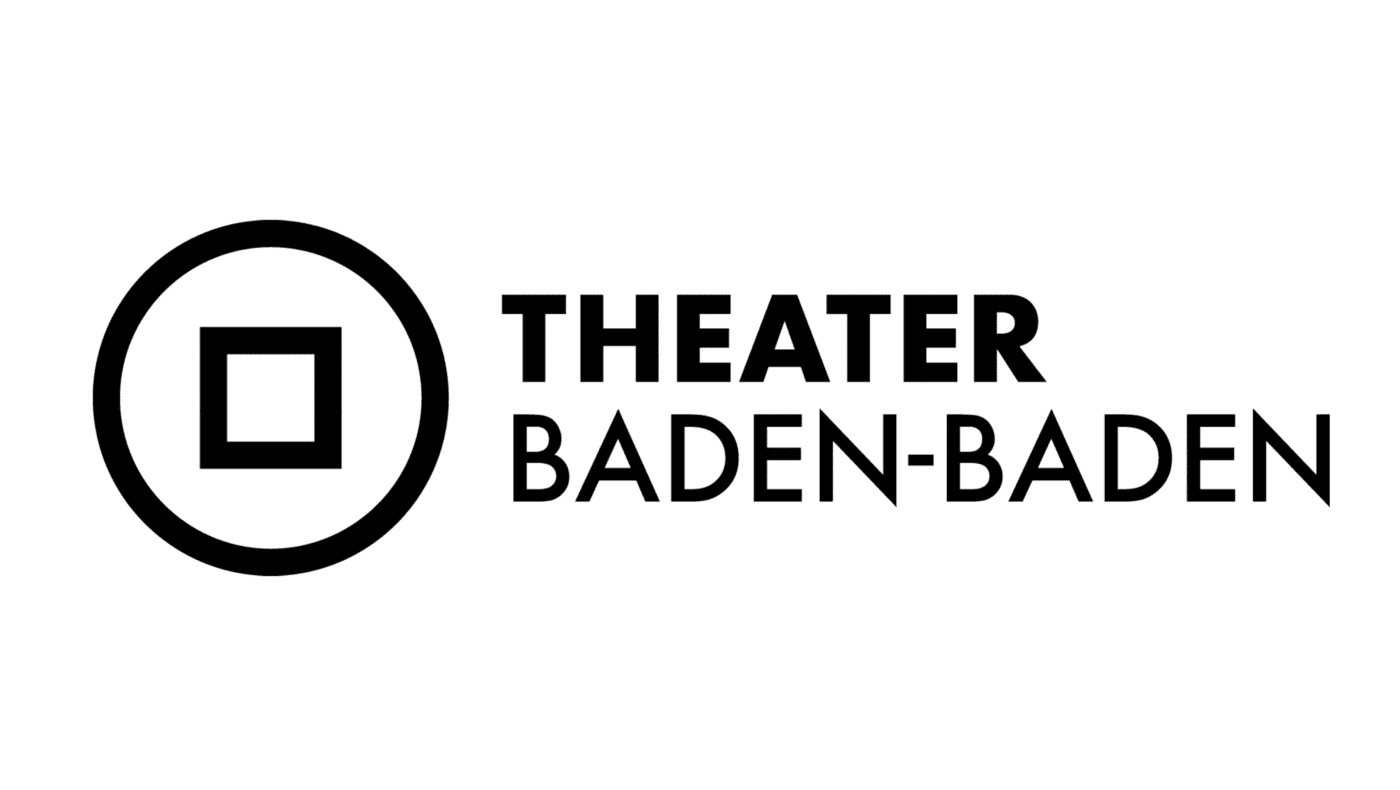 Das Logo des Theaters Baden-Baden zeigt einen dicken schwarzen Kreis mit einem Quadrat darin, daneben steht in fetter Schrift „THEATER BADEN-BADEN“ auf hellem Hintergrund.