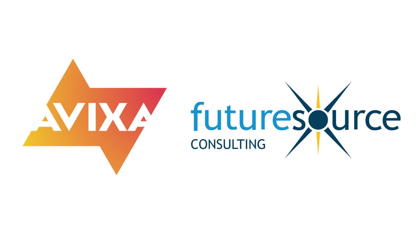avixa-futeresource Das AVIXA-Logo mit einem orangefarbenen Stern mit Farbverlauf auf der linken Seite und das Futuresource Consulting-Logo mit blauem Text und einem Sternstrahl-Symbol auf der rechten Seite, beide auf weißem Hintergrund.