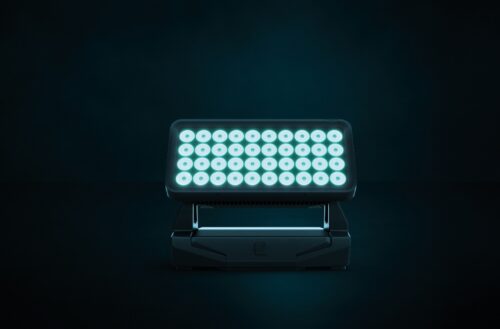Ein rechteckiger LED-Bühnenleuchter mit 48 leuchtenden runden Lampen ist vor einem dunklen Hintergrund zu sehen und steht auf einem schwarzen Sockel.